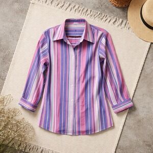 Foxcroft‎ 14W Striped Button Down Shirt Womens Long Sleeve Cotton Blend